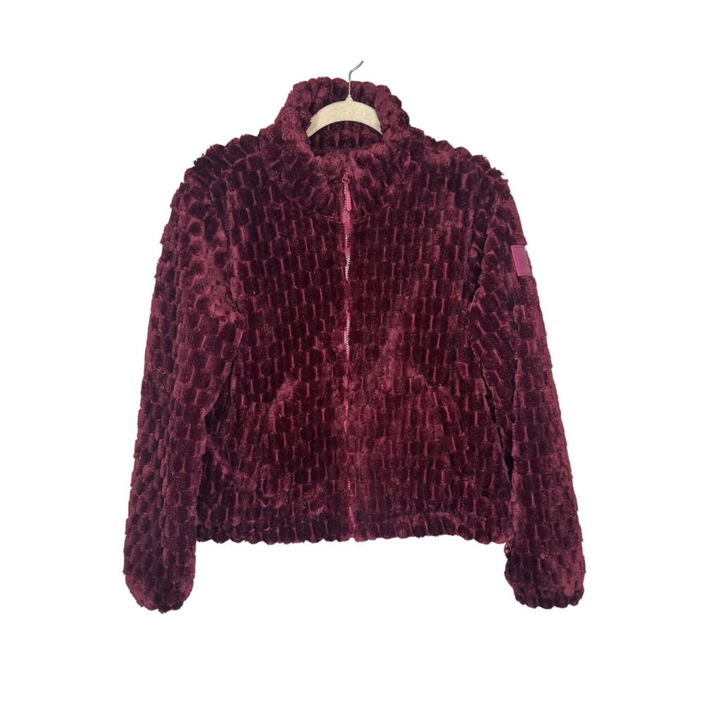 Reebok Jacket Womens L Maroon Red Honeycomb Fleece Full Zip Mock Neck Logo Cozy